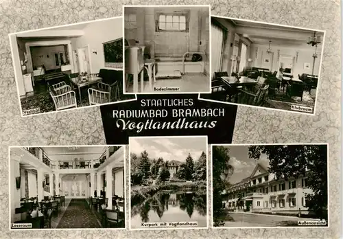 AK / Ansichtskarte  Bad_Brambach Staatliches Radiumbad Vogtlandhaus Vestibuel Badezimmer Klubraum Leseraum Kurpark Aussenansicht