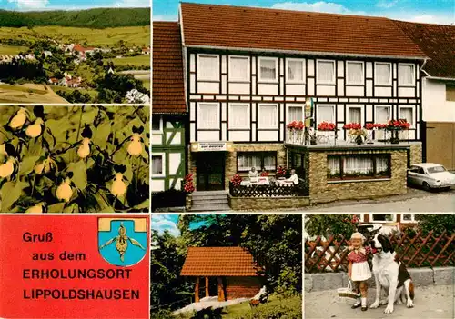 AK / Ansichtskarte 73924257 Lippoldshausen Panorama Gast und Pensionhaus Zur Bruecke Blockhaus Kind mit Bernhardiner