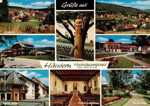 AK / Ansichtskarte 73924453 Haeusern_Schwarzwald Ansicht Adler mit Hallenbad Fridolinsbrunnen Beim Adler Fridolinskirche Ortsmitte Kuranlage