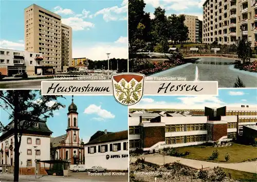 AK / Ansichtskarte 73924463 Heusenstamm Hochhaus Leibnitzstrasse Frankfurter Weg Torbau und Kirche Reichwein Schule