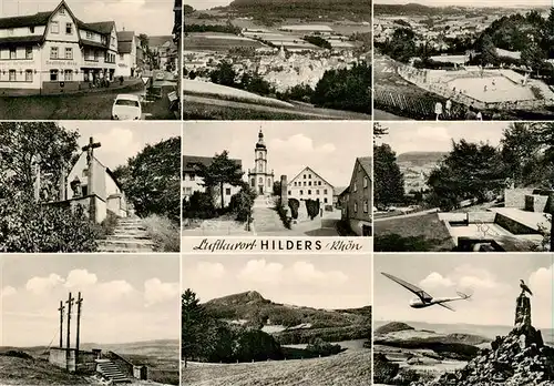 AK / Ansichtskarte 73924464 Hilders_Rhoen Teilansichten Panorama Kirche Kreuzigungsgruppe Segelflugplatz Wasserkuppe