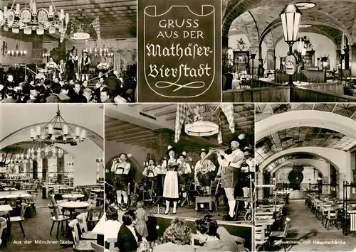 AK / Ansichtskarte 73924624 Muenchen Mathaeser Bierstadt Gastraeume Muenchener Stube Schwemme mit Hauptschaenke Musikprogramm