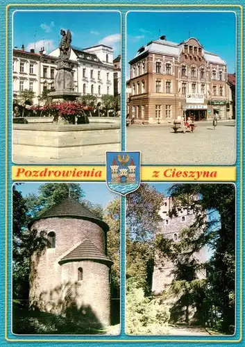 AK / Ansichtskarte  Cieszyn_Teschen_Oberschlesien_PL Rynek fontanna z figura sw Florana oraz secesyjy gmach poczty Romanska rotunde Gotycka wieza piastowska