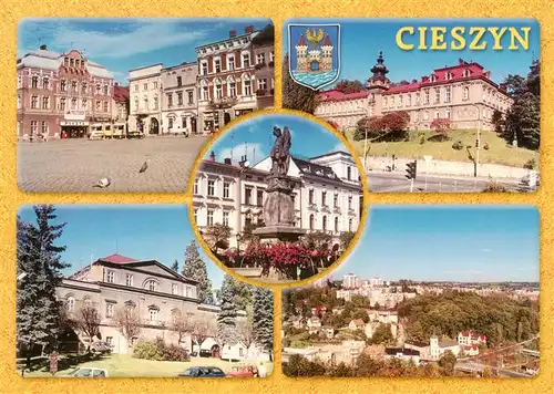 AK / Ansichtskarte 73924649 Cieszyn_Teschen_Oberschlesien_PL Rynek Szpital w dawnym kompleksie kalsztornym Elzbietanek Rynek fontanna z figura sw Floriana Zamek Habsburgow Widok ogolny na osiedle Liburnia