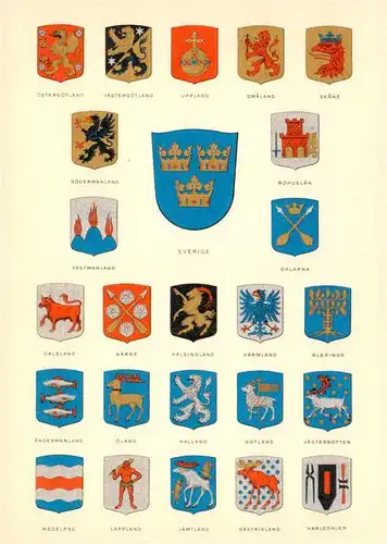AK / Ansichtskarte 73924832 Schweden_Sweden  The Arms of Sweden and the Swedisch Provinces Reichs- und Provinzwappen des Landes