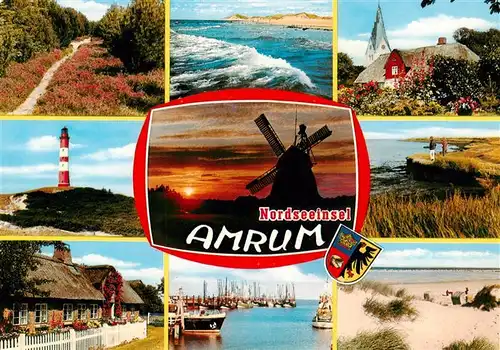 AK / Ansichtskarte 73924841 Amrum Teilansichten Nordseeinsel Landschaft Leuchtturm Windmuehle Sonnenuntergang Strand Hafen
