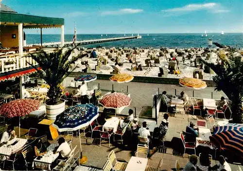 AK / Ansichtskarte 73924843 Groemitz_Ostseebad Strandhallen Terrasse mit Blick zum Strand Seebruecke