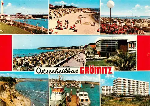 AK / Ansichtskarte 73924846 Groemitz_Ostseebad Teilansichten Strandleben Freibad Kuestenpanorama Hafen Hochhaeuser