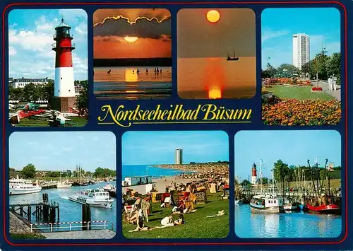 AK / Ansichtskarte 73924849 Buesum_Nordseebad Leuchtturm Sonnenuntergang Parkanlagen Hochhaus Hotel Strand Fischerhafen