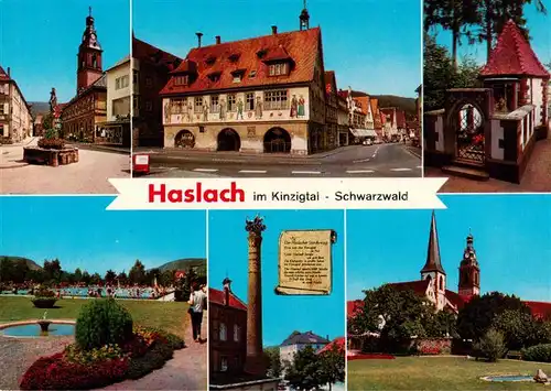 AK / Ansichtskarte 73924870 Haslach_Kinzigtal Brunnen Rathaus Schwimmbad Storchenturm Kirche