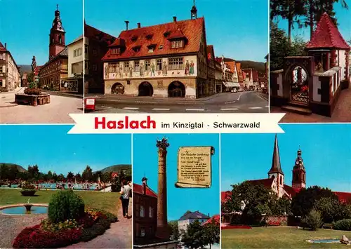 AK / Ansichtskarte  Haslach_Kinzigtal Brunnen Rathaus Schwimmbad Storchenturm Kirche