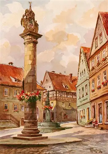 AK / Ansichtskarte 73924913 Kronach_Oberfranken Melchior-Otto-Platz mit Lucas-Cranach-Haus und Ehrensaeule Aquarell C. Freytag Kuenstlerkarte