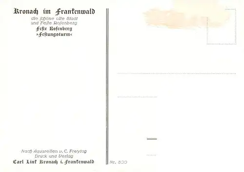 AK / Ansichtskarte 73924914 Kronach_Oberfranken Feste Rosenberg Festungsturm Aquarell C. Freytag Kuenstlerkarte