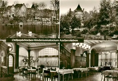 AK / Ansichtskarte  Aschersleben Orthopaedisches Kindersanatorium Parkteich Wintergarten Speisesaal