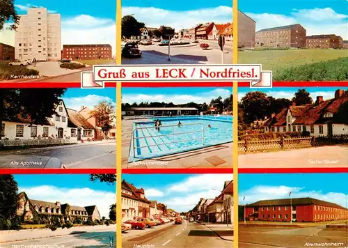 AK / Ansichtskarte  Leck_Schleswig-Holstein Karrharderstrasse Wohnblocks Hochhaeuser Ortszentrum Apotheke Freibad Fischerhaeuser Altenwohnheim Hauptstrasse Heimvolkshochschule