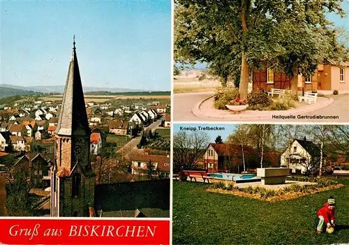 AK / Ansichtskarte 73925023 Biskirchen_Lahn_Leun_Hessen Ortsansicht mit Kirche Heilquelle Gertrudisbrunnen Kneipp Tretbecken