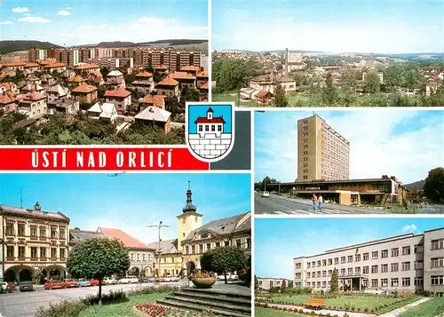 AK / Ansichtskarte  Usti_nad_Orlici_Pardubicky_kraj Nove sidliste Mirove namesti Pohled na mesto Vyskova budova Kovostavu a restaurace Jednoty Nemocnice