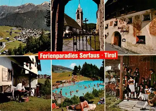 AK / Ansichtskarte 73925102 Serfaus_Tirol Panorama Kirche Hotel Loewen Alm Schwimmbad Trachten