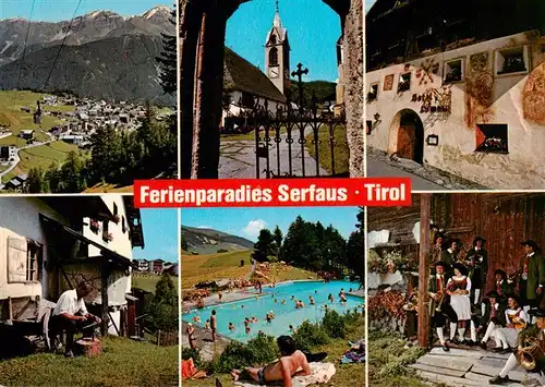 AK / Ansichtskarte  Serfaus_Tirol Panorama Kirche Hotel Loewen Alm Schwimmbad Trachten