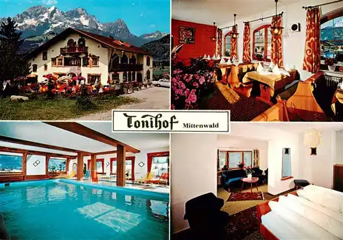 AK / Ansichtskarte 73925174 Mittenwald_Bayern Toihof Gastraum Zimmer Hallenbad