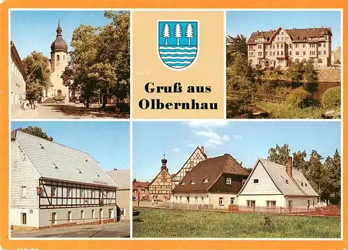 AK / Ansichtskarte 73925186 Olbernhau_Erzgebirge Kirche Rathaus Gaststaette Wilder Mann Saiger Huette