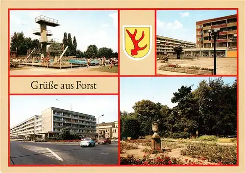 AK / Ansichtskarte 73925354 Forst_Lausitz Schwimmstadion Springbrunnen Fontana Berliner Strasse Im Rosengarten