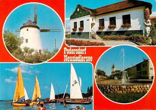 AK / Ansichtskarte  Podersdorf_Neusiedler_See_AT Windmuehle Barockgiebelhaus Badestrand Ortsmotiv mit Kirche