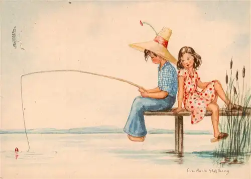 AK / Ansichtskarte  Kuenstlerkarte Eva. Maria Stahlberg Fischen Hut Kinder