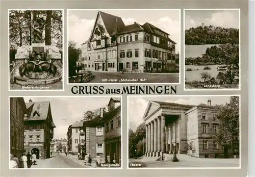 AK / Ansichtskarte 73925753 Meiningen_Thueringen Bechsteinbrunnen HO Hotel Saechsischer Hof Landsberg Georgstrasse Theater