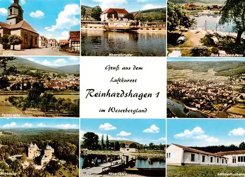 AK / Ansichtskarte 73925901 Reinhardshagen Kirche Weserdampfer Hotel Peter Panorama Fliegeraufnahme Sababurg Weserfaehre Landschulheim