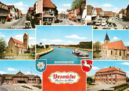 AK / Ansichtskarte  Bramsche_Hase Grosse Strasse Katz Martinus Kirche Brueckenort Ev Martins Kirche Bahnhof Rathaus Mittelland Kanal