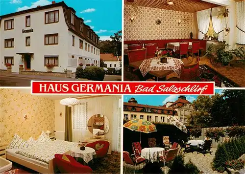 AK / Ansichtskarte 73926252 Bad_Salzschlirf Pension Garni Haus Germania Gastraum Zimmer Terrasse