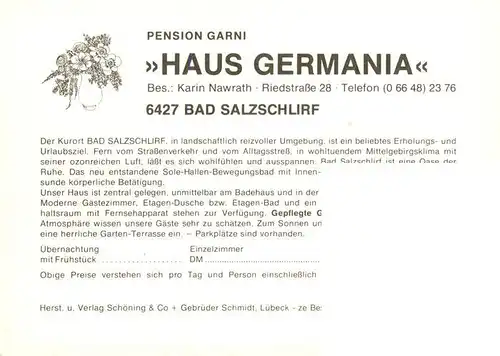 AK / Ansichtskarte 73926252 Bad_Salzschlirf Pension Garni Haus Germania Gastraum Zimmer Terrasse