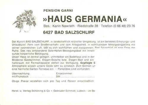 AK / Ansichtskarte  Bad_Salzschlirf Pension Garni Haus Germania Gastraum Zimmer Terrasse