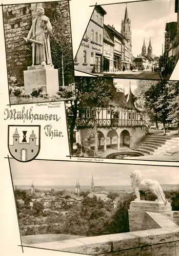 AK / Ansichtskarte 73926388 Muehlhausen_Thueringen Teilansichten Stadtzentrum Thomas-Muentzer-Denkmal Stadtpanorama Loewe Skulptur