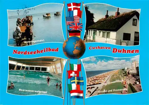 AK / Ansichtskarte 73926396 Duhnen_Cuxhaven Wattwagenfahrt Meerwasserwellenbad Strand Promenade Alte Kate Nationalflaggen Weltkugel