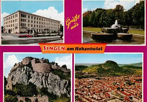 AK / Ansichtskarte 73926643 Singen_Hohentwiel Rathaus Brunnen Burgruine Fliegeraufnahme