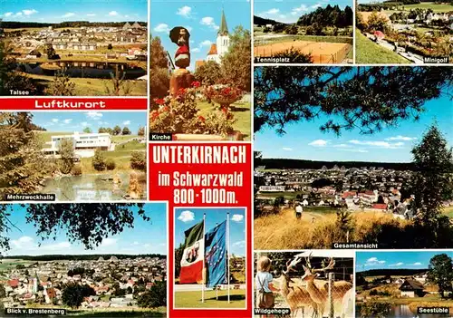 AK / Ansichtskarte 73926774 Unterkirnach Talsee Mehrzweckhalle Blick vom Brestenberg Kirche Tennisplatz Panorama Wildgehege Seestueble