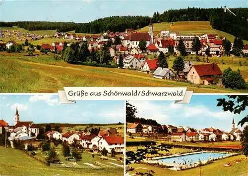 AK / Ansichtskarte 73926884 Schoenwald_Schwarzwald Panorama Kirche Schwimmbad