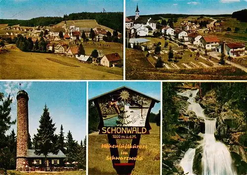 AK / Ansichtskarte 73926888 Schoenwald_Schwarzwald Panorama Ortspartie Aussichtsturm Hinweistafel Wasserfall