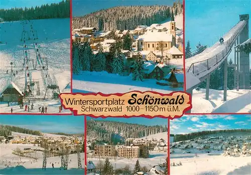 AK / Ansichtskarte 73926911 Schoenwald_Schwarzwald Skilift Kirche Winterpanorama Hotel Sprungschanze