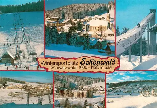 AK / Ansichtskarte 73926921 Schoenwald_Schwarzwald Skilift Kirche Sprungschanze Winterpanorama
