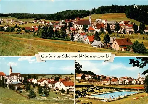 AK / Ansichtskarte 73927010 Schoenwald_Schwarzwald Panorama Kirche Schwimmbad