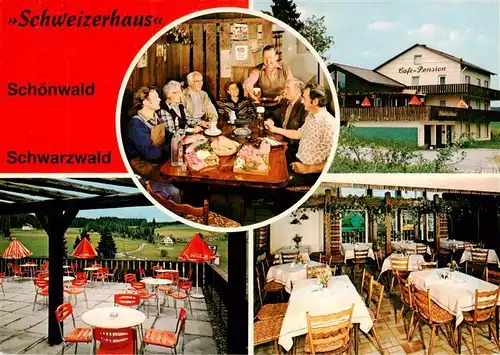 AK / Ansichtskarte 73927076 Schoenwald_Schwarzwald Restaurant Café Pension Schweizerhaus Gastraum Terrasse