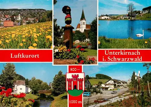 AK / Ansichtskarte 73927150 Unterkirnach Panorama Kirche Schwanenteich Bruecke Strassenpartie