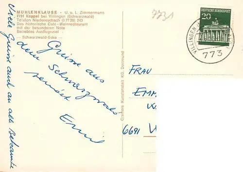 AK / Ansichtskarte  Kappel_Niedereschach Muehlenklause Gaststube