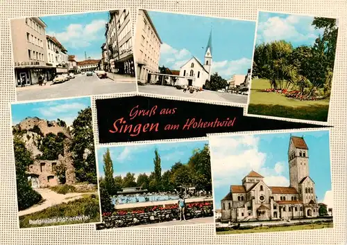 AK / Ansichtskarte 73927228 Singen_Hohentwiel Ortspartie Kirche Park Burgruine Aachbad St Peter und Paul Kirche