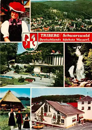 AK / Ansichtskarte  Triberg Trachtenmaedchen Panorama Kurhaus Wasserfall Trachten Uhrenhaus