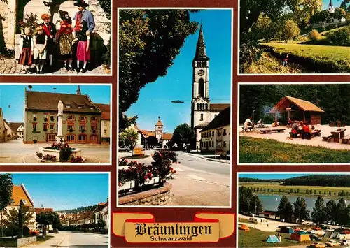 AK / Ansichtskarte 73927359 Braeunlingen Trachten Markt Brunnen Kirche Panorama Grillplatz Camping