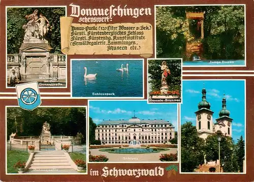 AK / Ansichtskarte 73927393 Donaueschingen Marmorgruppe an der Donauquelle Junge Donau Park Schwaene Schloss Kirche Haensele Brunnen